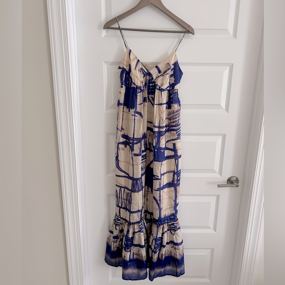Anthropologie Cream and Blue Abstract Print Maxi Dress